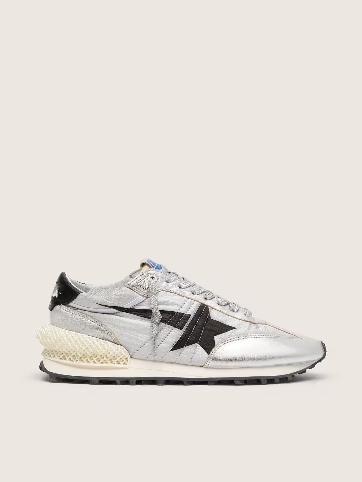 Golden Goose Marathon with silver ripstop nylon upper and black star