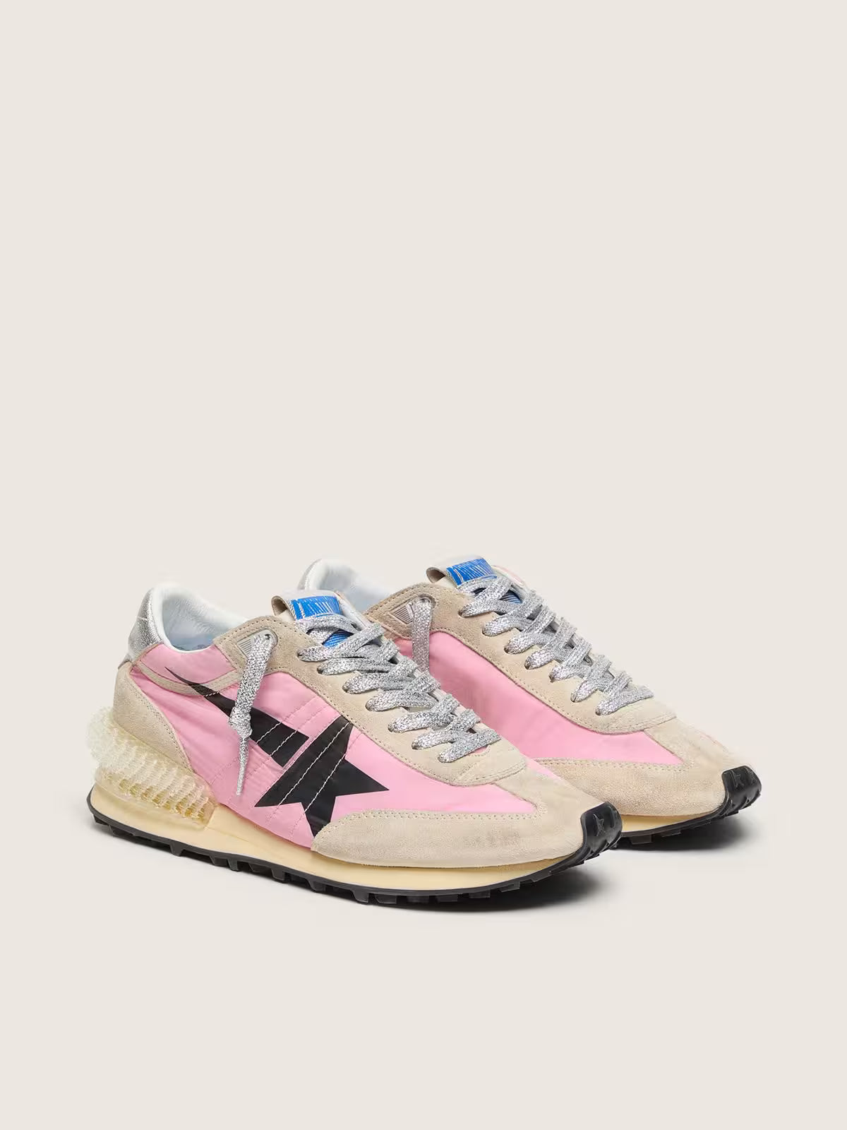 Golden Goose Marathon in pink nylon and beige suede with black printed star
