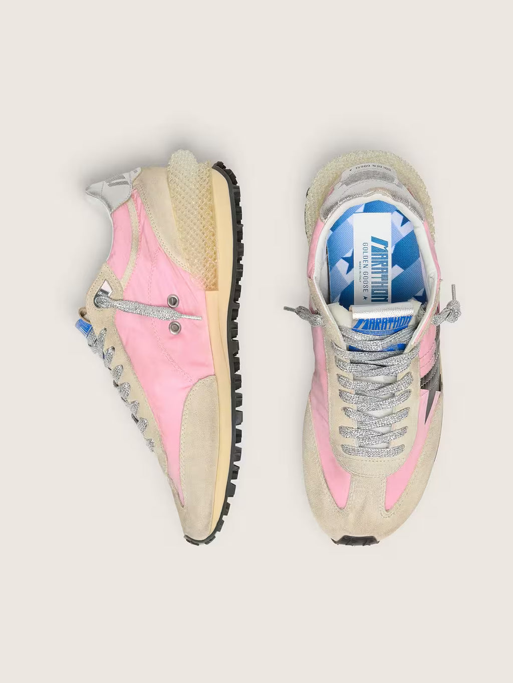 Golden Goose Marathon in pink nylon and beige suede with black printed star