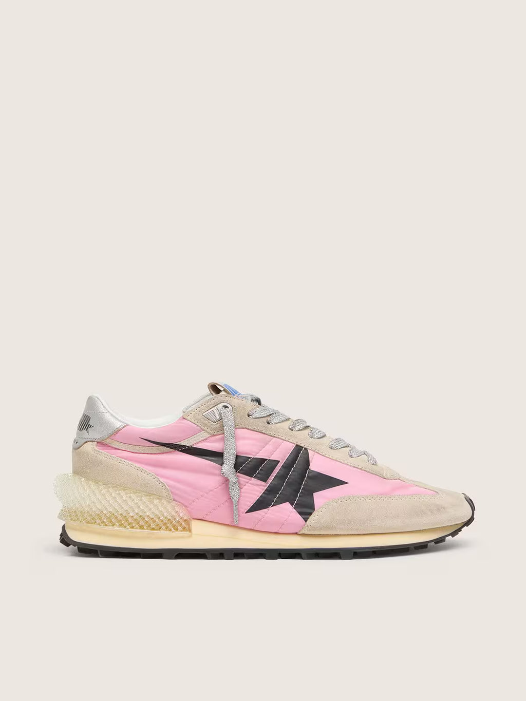 Golden Goose Marathon in pink nylon and beige suede with black printed star