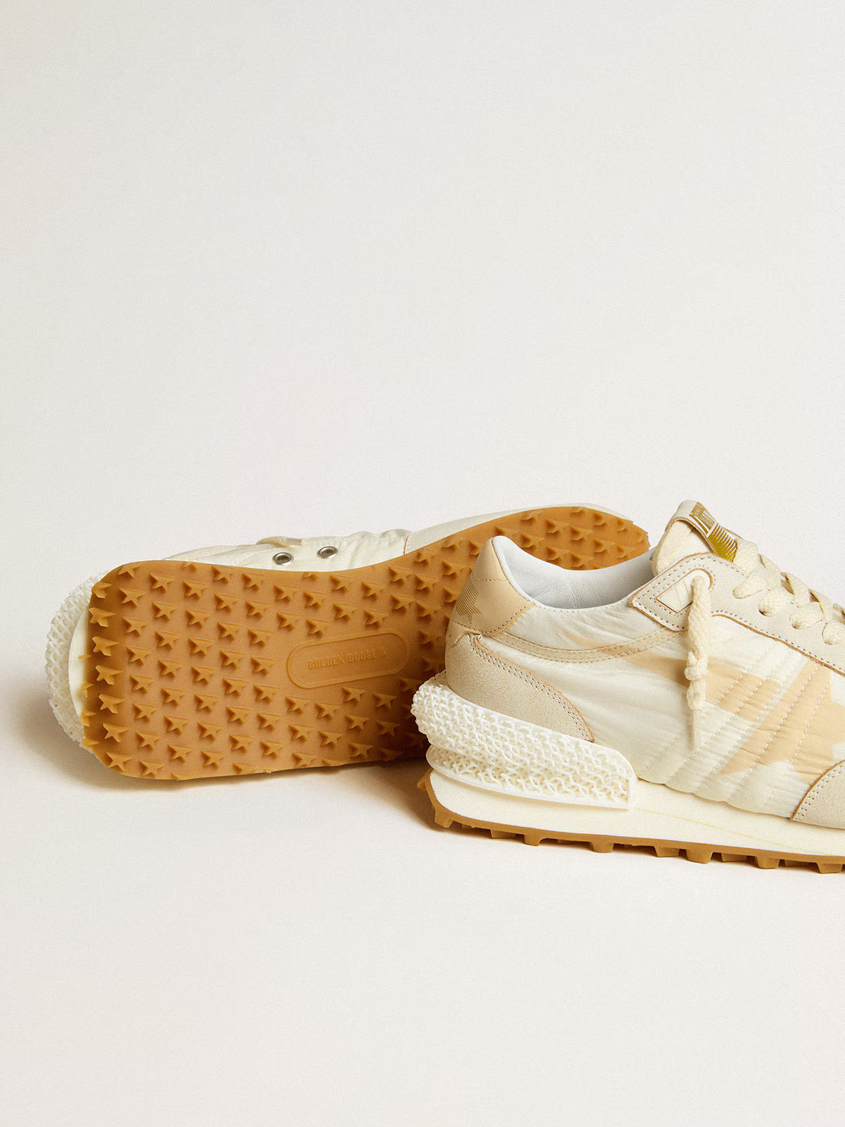Golden Goose Marathon in beige nylon and gray leather with beige printed star