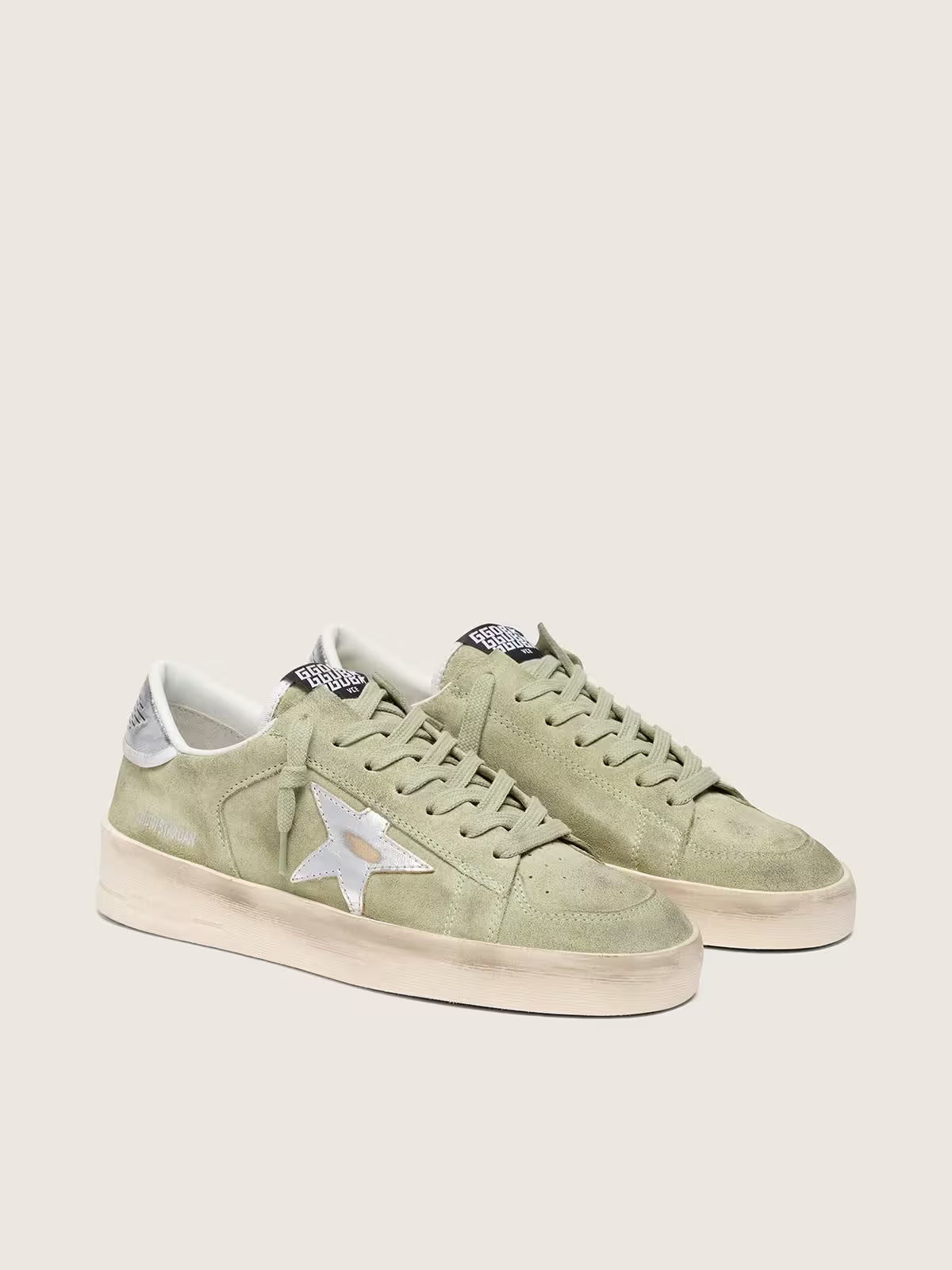 Golden Goose Stardan in sage-green suede with metallic silver star