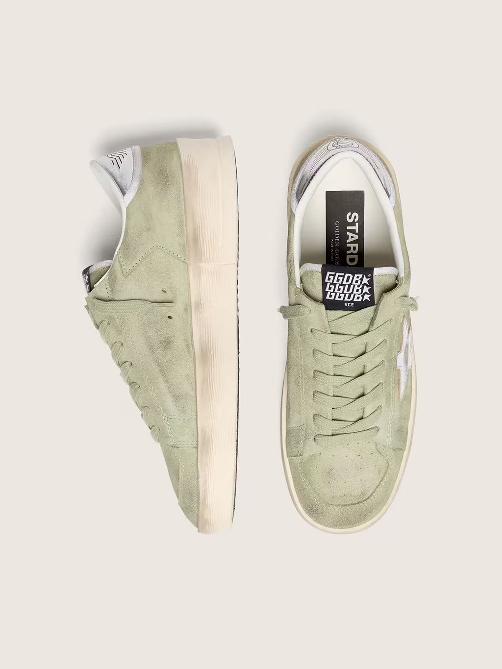 Golden Goose Stardan in sage-green suede with metallic silver star