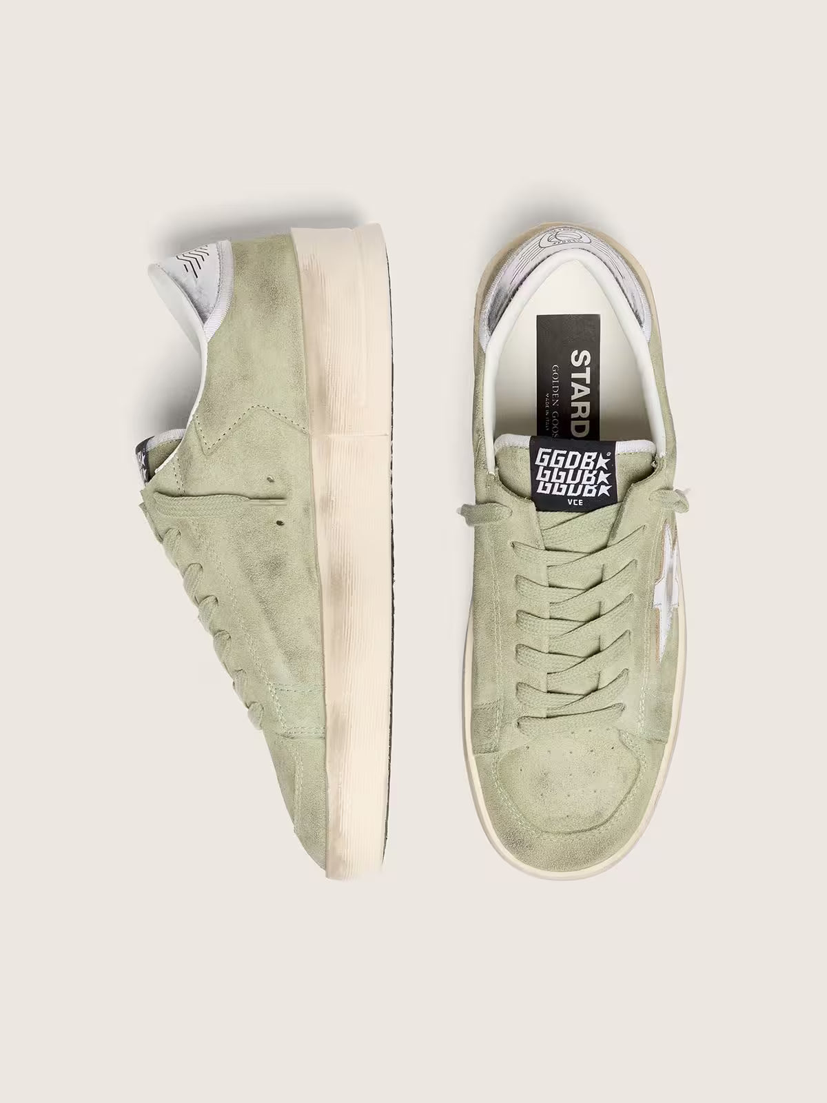 Golden Goose Stardan in sage-green suede with metallic silver star