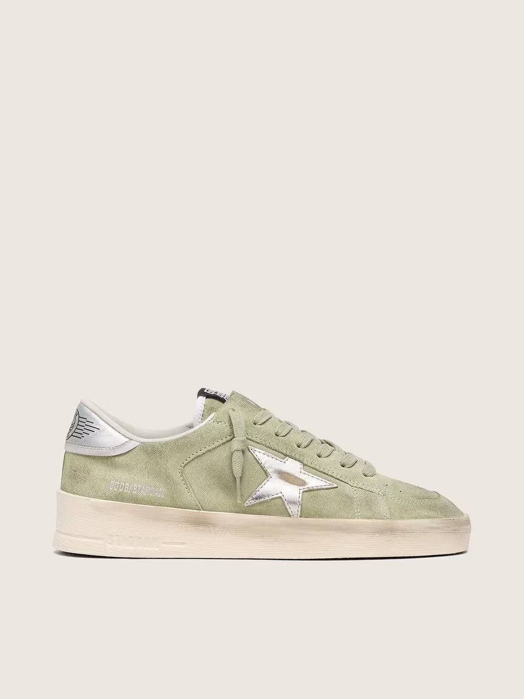 Golden Goose Stardan in sage-green suede with metallic silver star