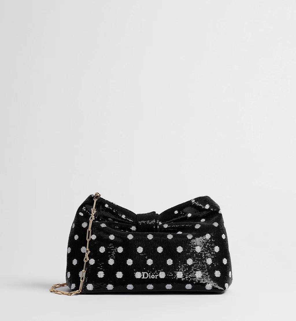 Small Dior Bow Bag Black and White PolkaDior Sequin-Embroidered Satin