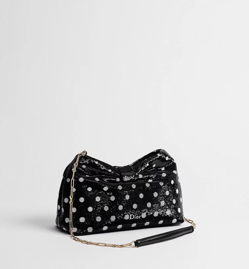 Small Dior Bow Bag Black and White PolkaDior Sequin-Embroidered Satin