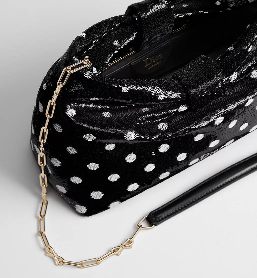 Small Dior Bow Bag Black and White PolkaDior Sequin-Embroidered Satin