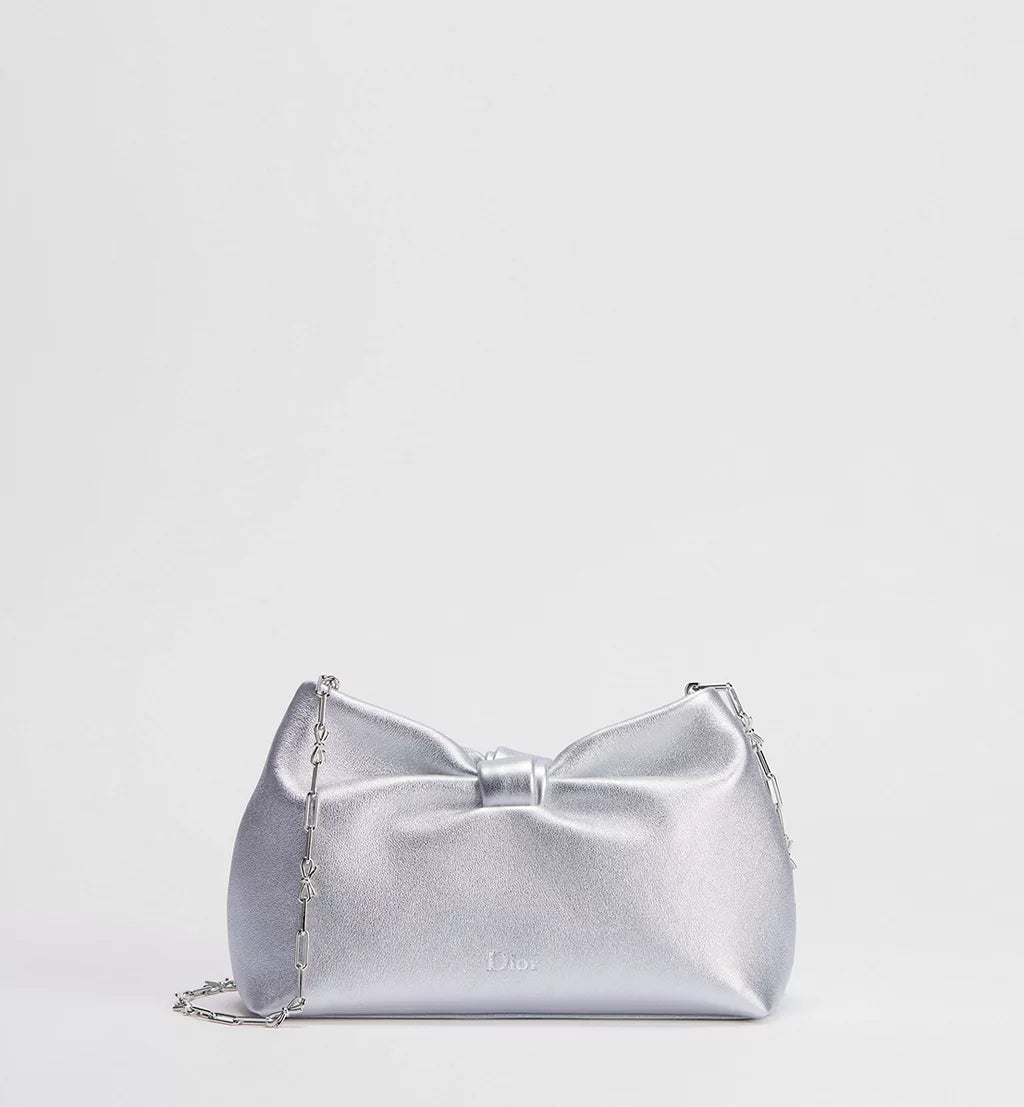 Dior Or Small Dior Bow Bag Silver-Tone Laminated Lambskin
