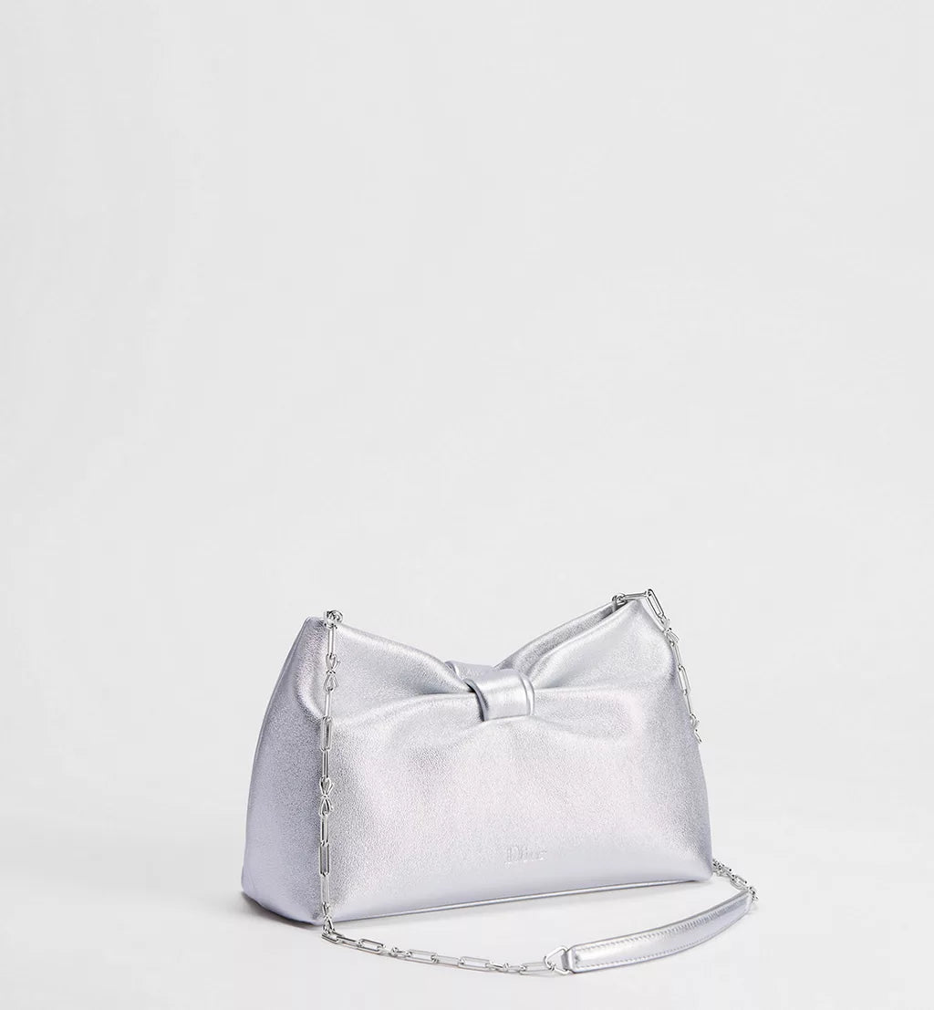 Dior Or Small Dior Bow Bag Silver-Tone Laminated Lambskin