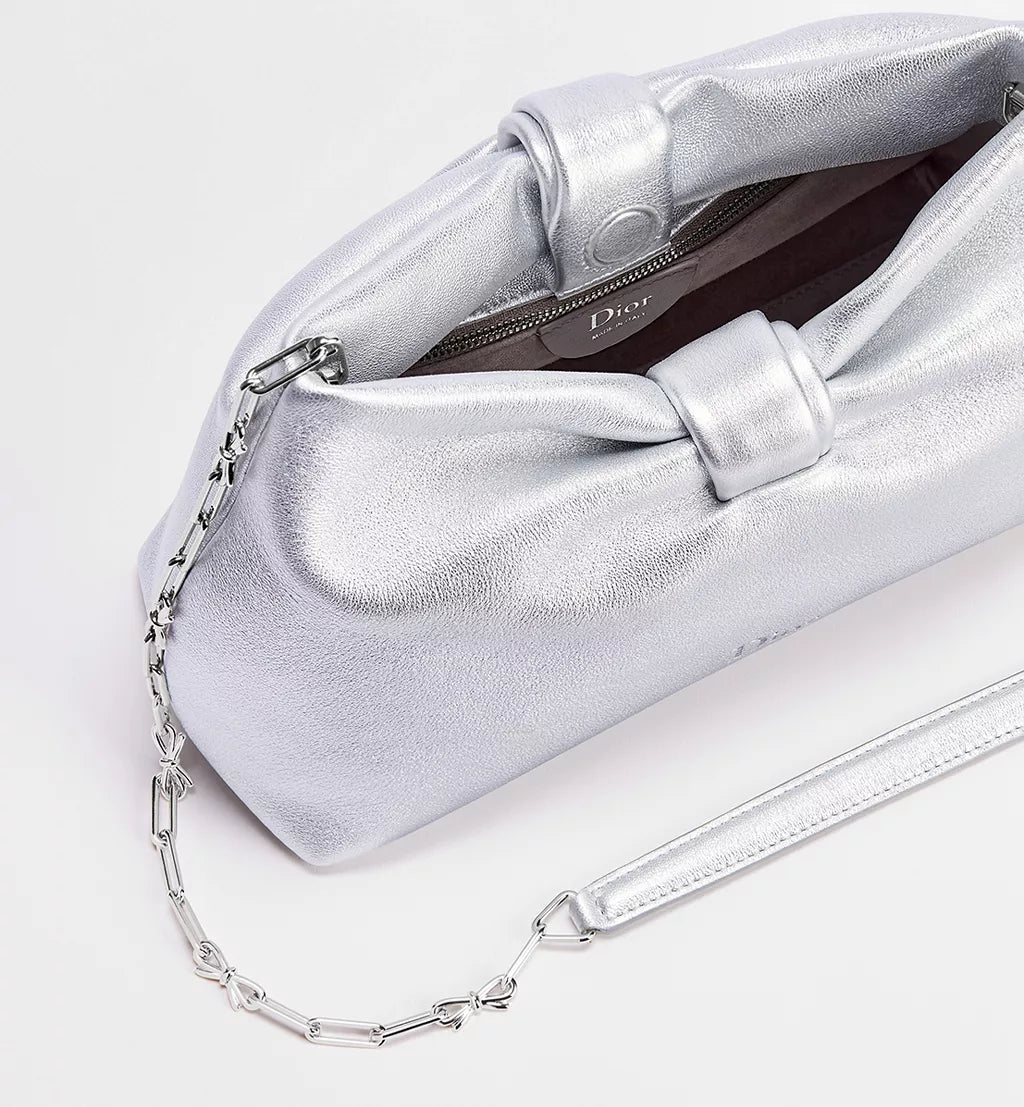 Dior Or Small Dior Bow Bag Silver-Tone Laminated Lambskin