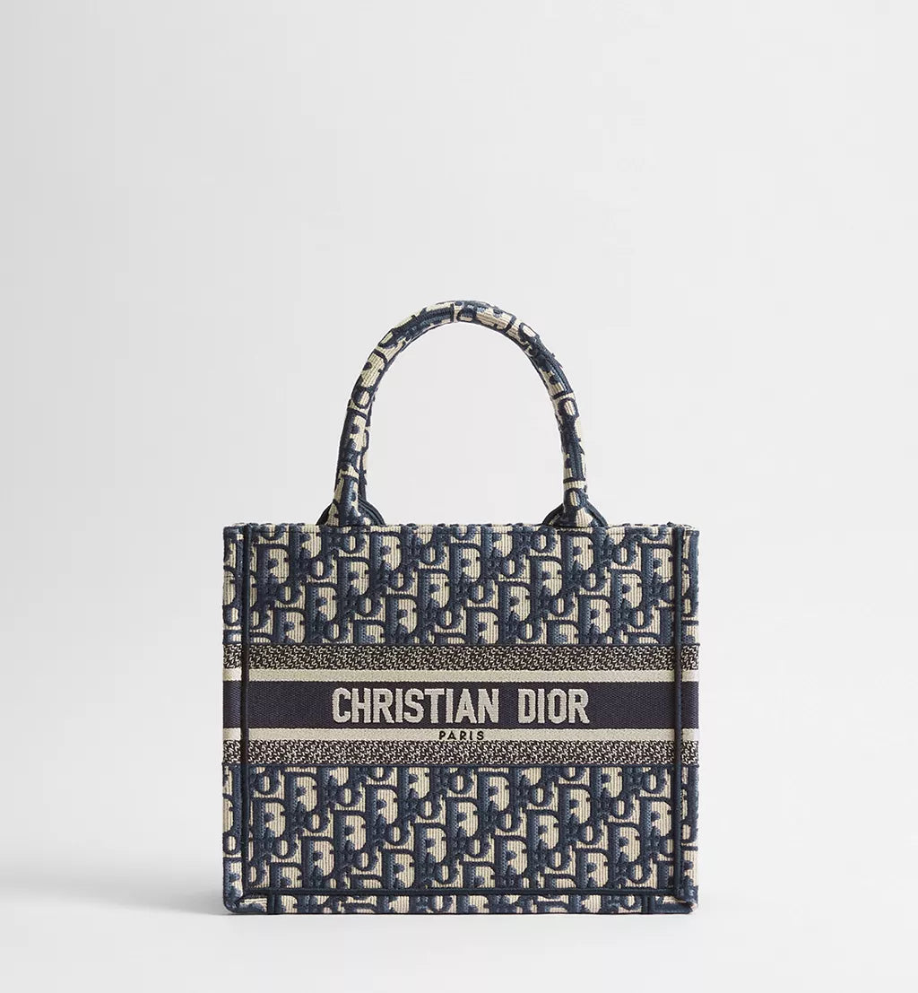 Small Dior Book Tote Ecru and Blue Dior Oblique Embroidery