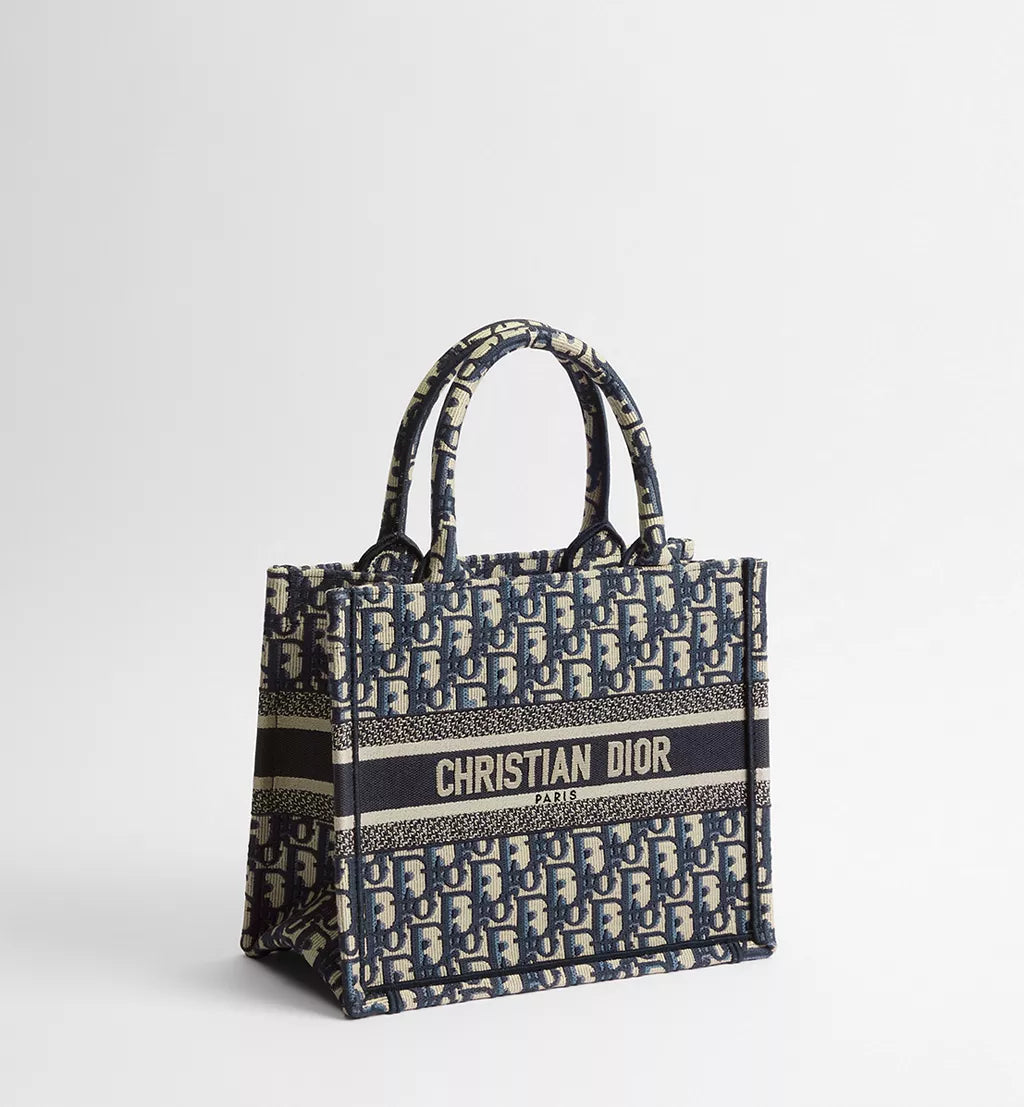 Small Dior Book Tote Ecru and Blue Dior Oblique Embroidery