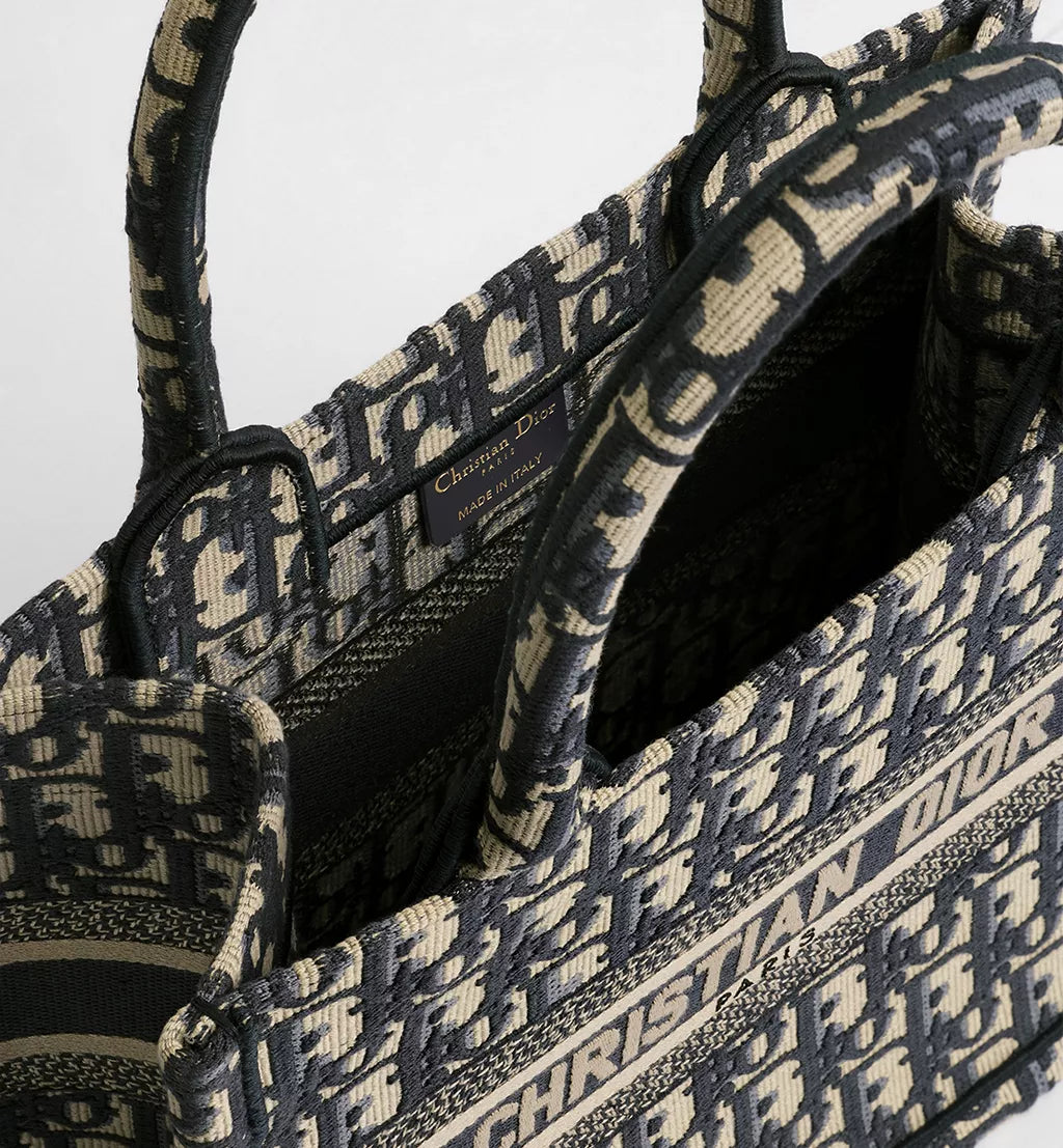 Small Dior Book Tote Ecru and Blue Dior Oblique Embroidery
