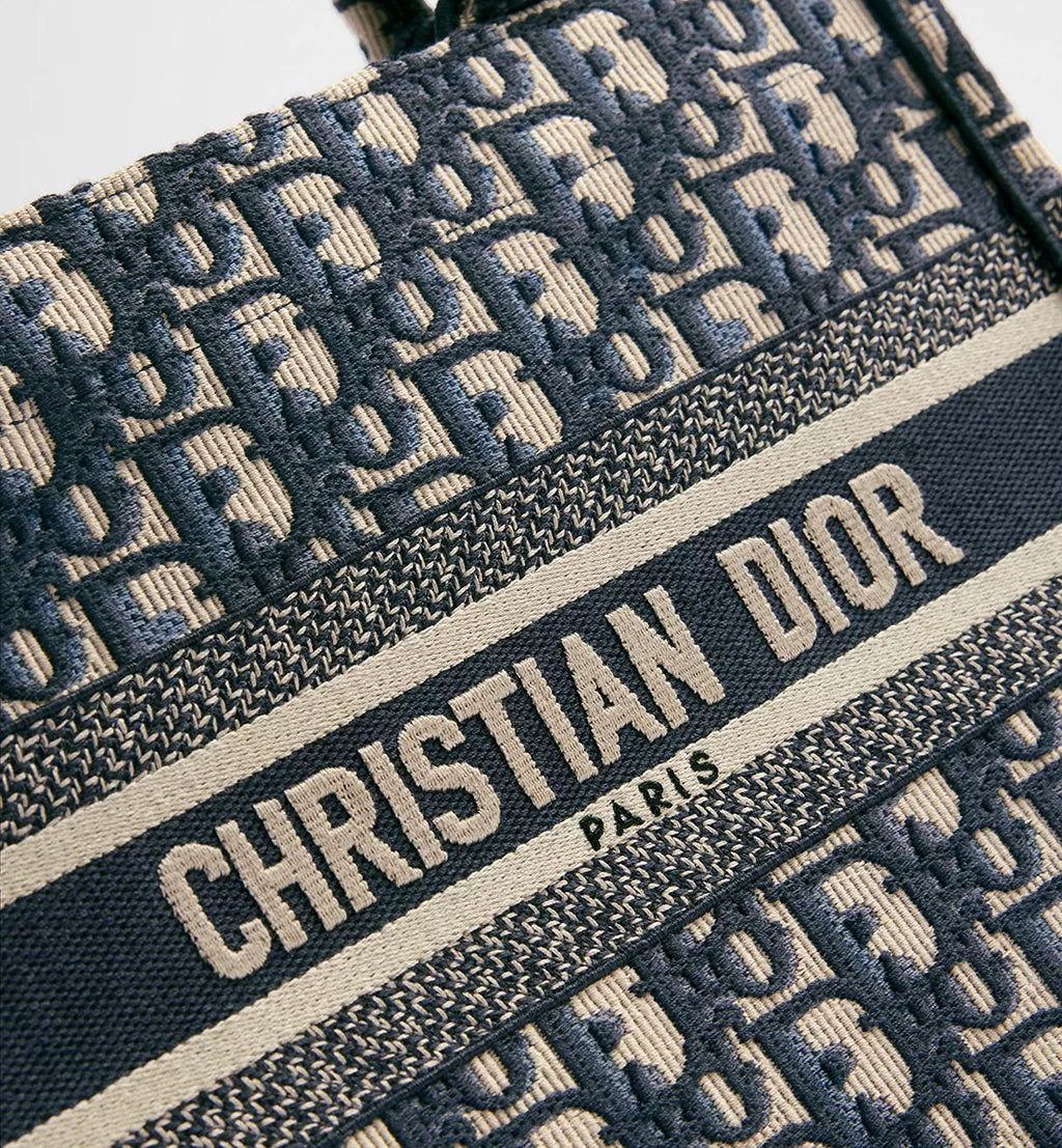 Small Dior Book Tote Ecru and Blue Dior Oblique Embroidery