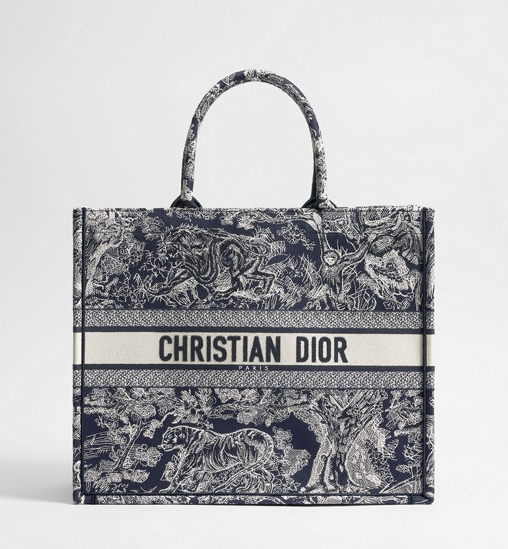Large Dior Book Tote Blue and Ecru Toile de Jouy Reverse Embroidery