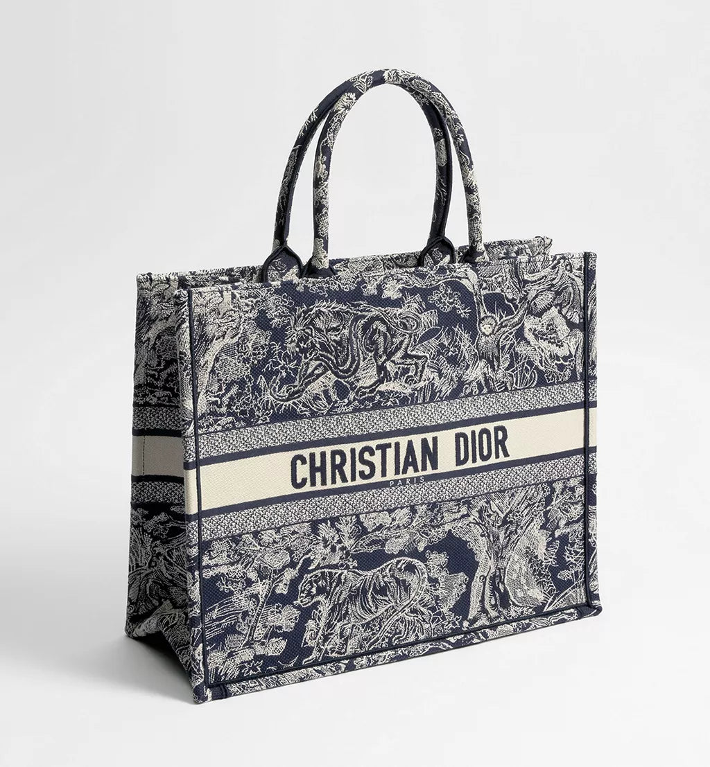 Large Dior Book Tote Blue and Ecru Toile de Jouy Reverse Embroidery