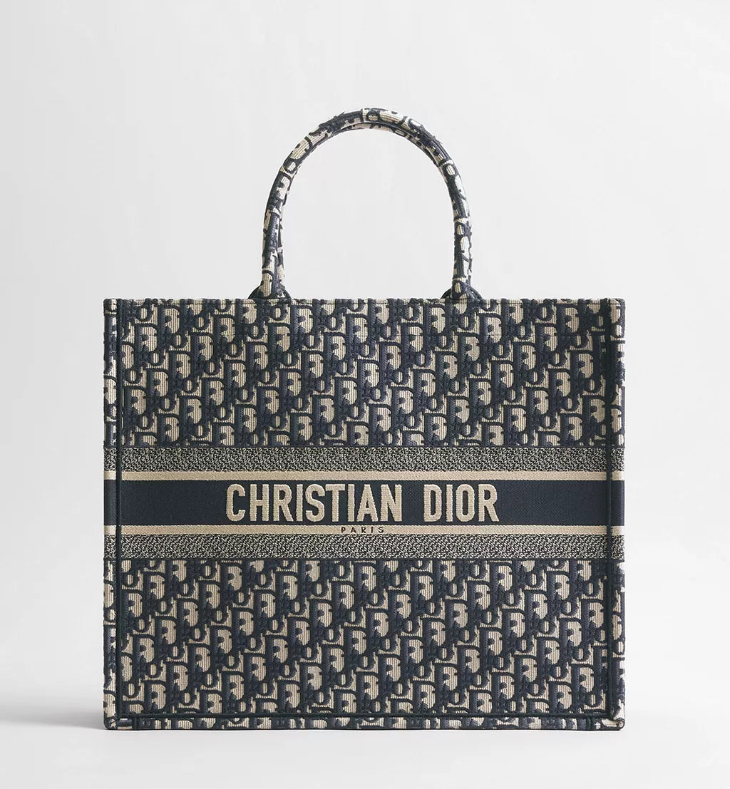 Large Dior Book Tote Ecru and Blue Dior Oblique Embroidery