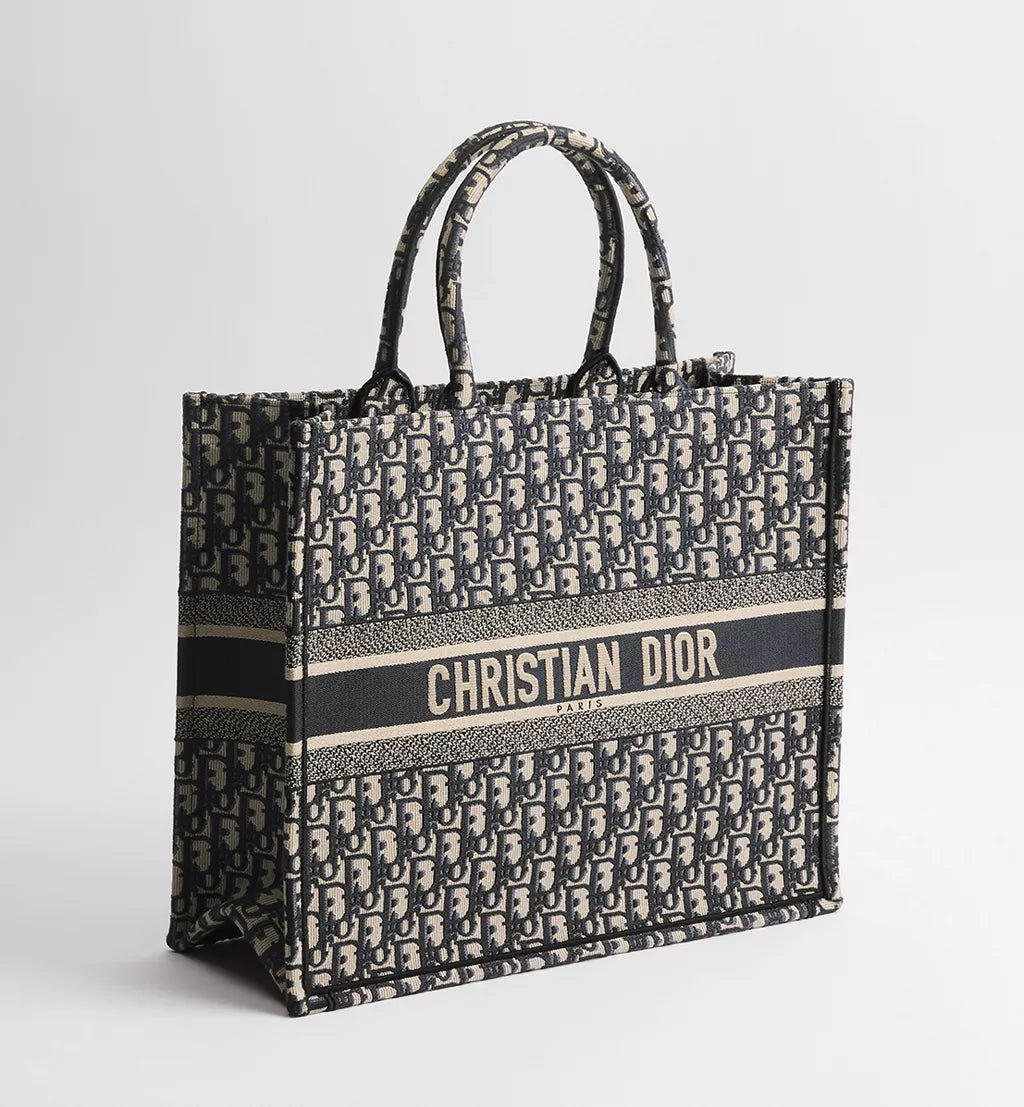 Large Dior Book Tote Ecru and Blue Dior Oblique Embroidery