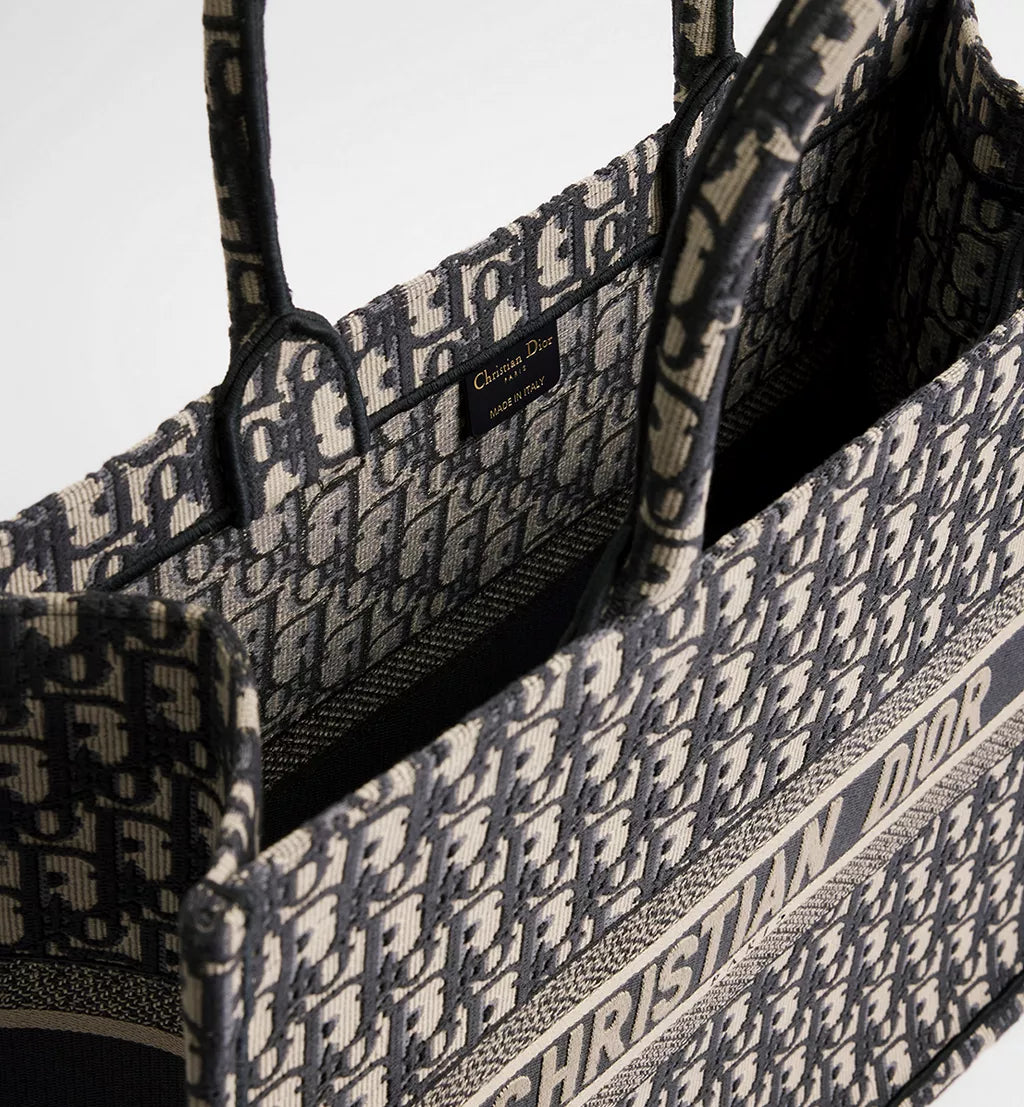 Large Dior Book Tote Ecru and Blue Dior Oblique Embroidery
