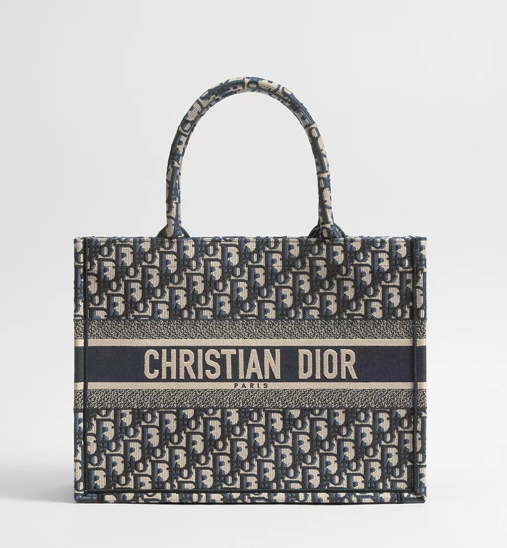 Medium Dior Book Tote Ecru and Blue Dior Oblique Embroidery