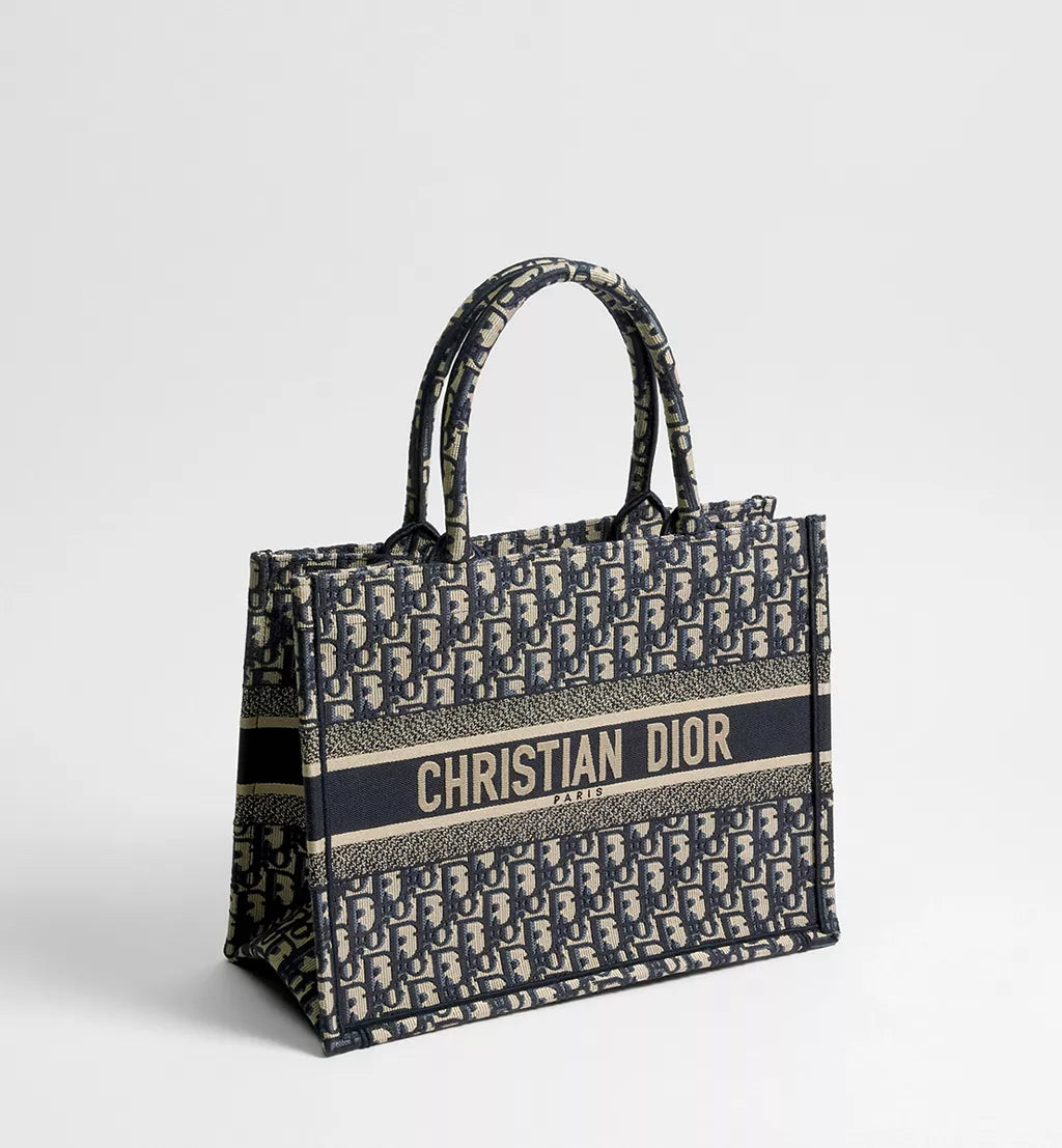 Medium Dior Book Tote Ecru and Blue Dior Oblique Embroidery