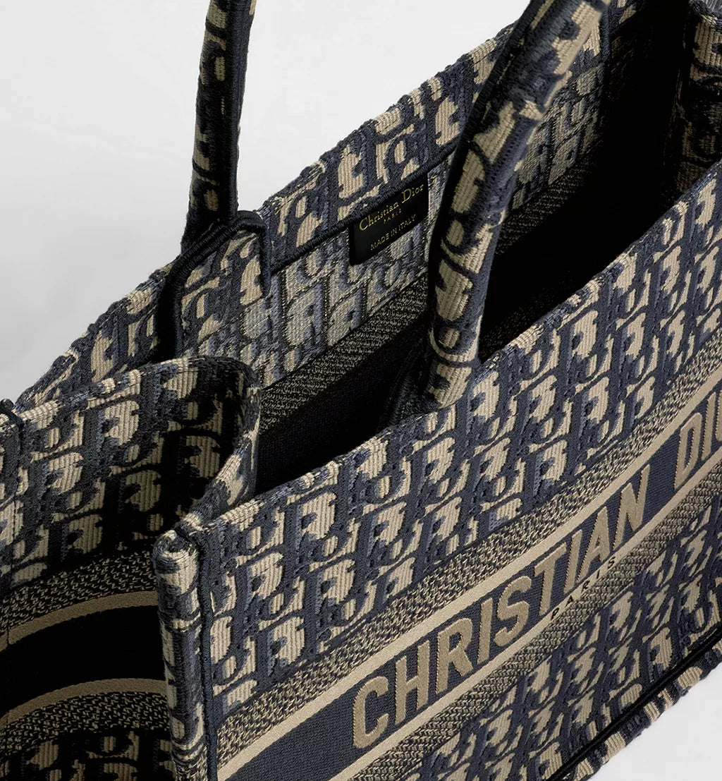 Medium Dior Book Tote Ecru and Blue Dior Oblique Embroidery