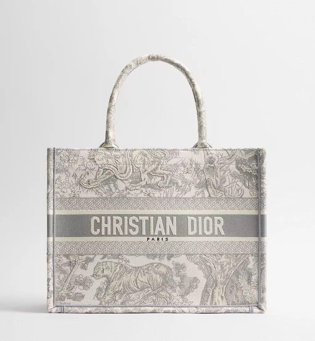 Medium Dior Book Tote Ecru and Gray Toile de Jouy Embroidery