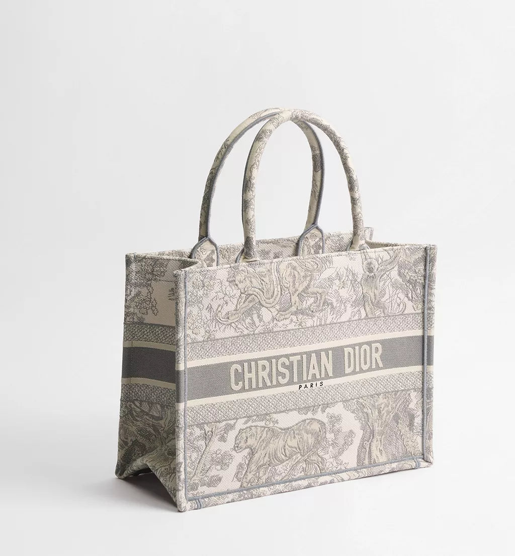 Medium Dior Book Tote Ecru and Gray Toile de Jouy Embroidery
