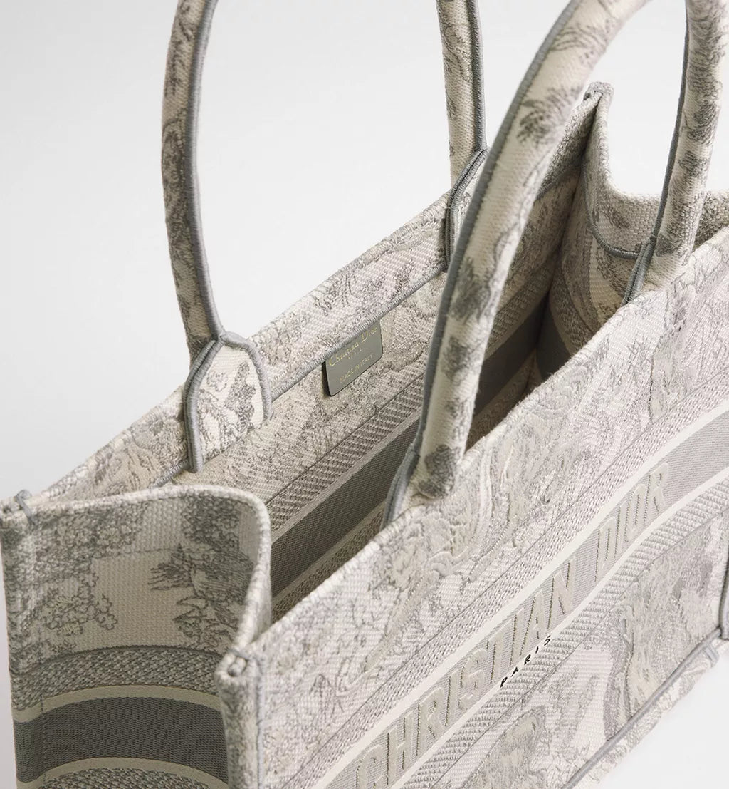 Medium Dior Book Tote Ecru and Gray Toile de Jouy Embroidery