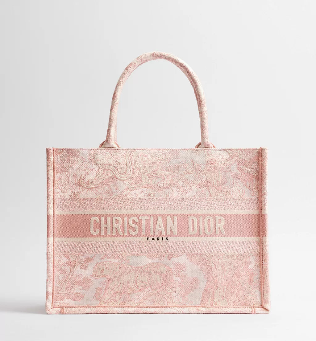 Medium Dior Book Tote Ecru and Pink Toile de Jouy Embroidery