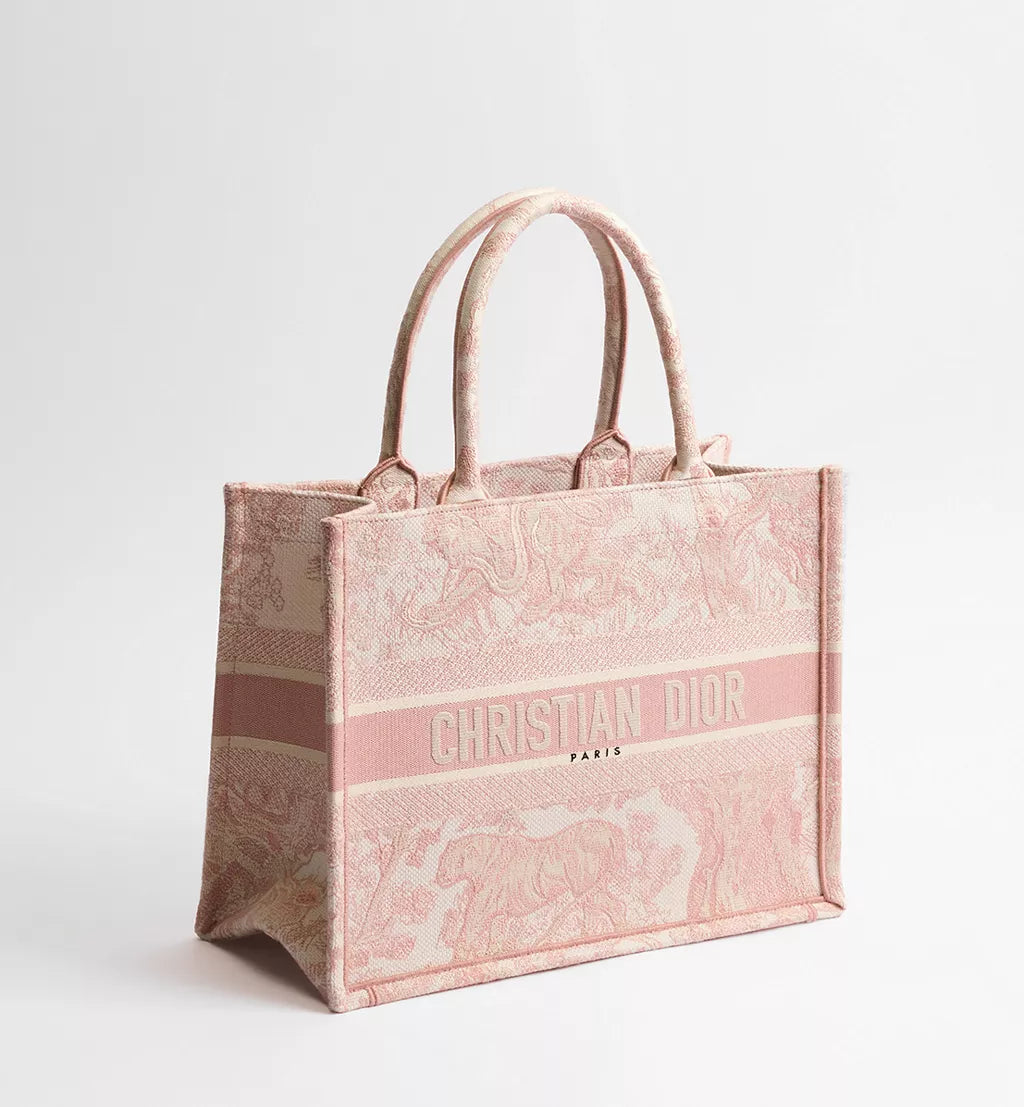 Medium Dior Book Tote Ecru and Pink Toile de Jouy Embroidery