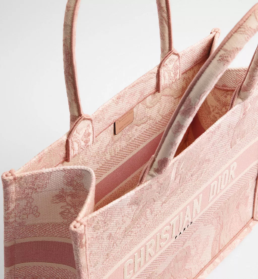 Medium Dior Book Tote Ecru and Pink Toile de Jouy Embroidery