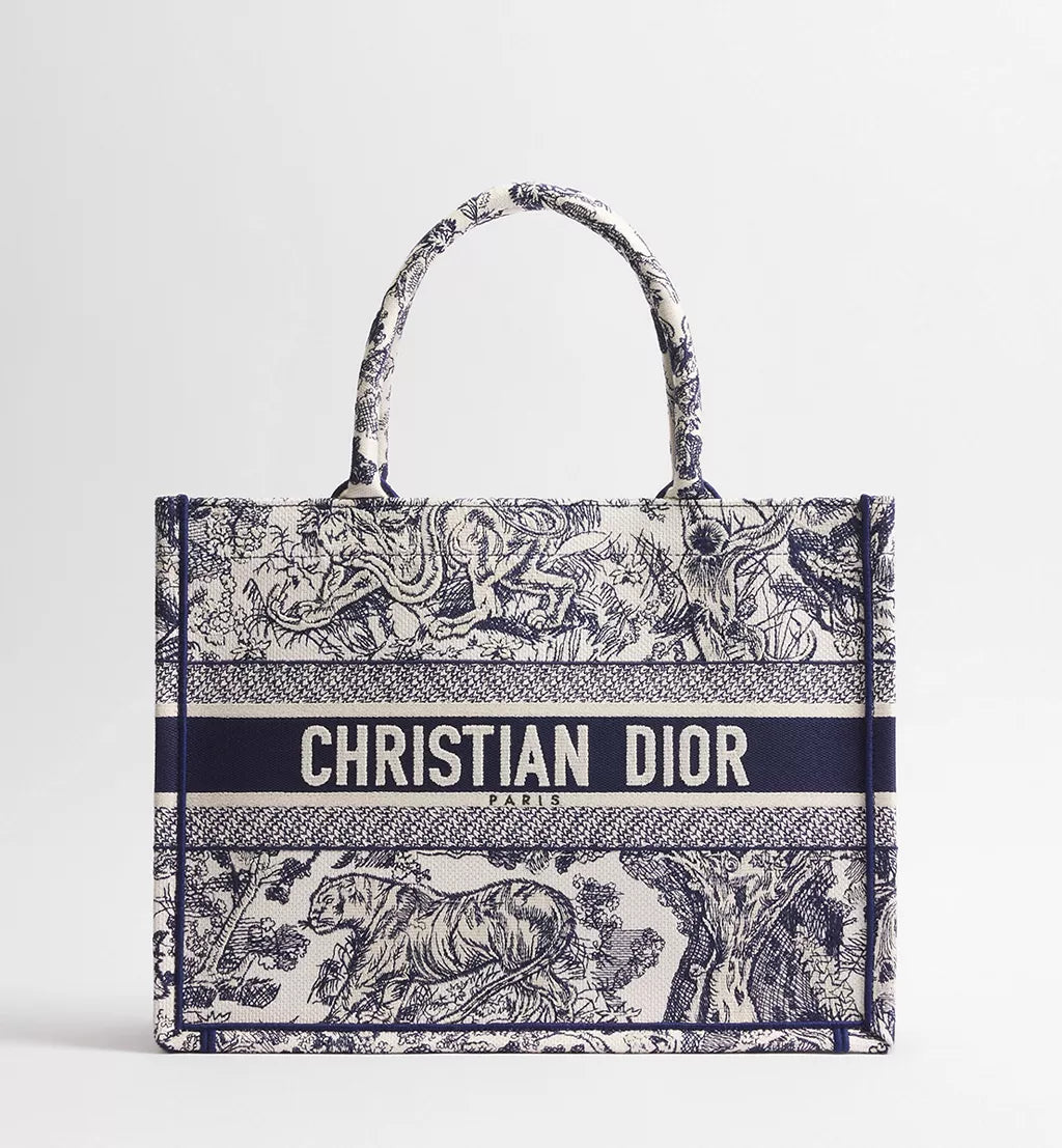 Medium Dior Book Tote Ecru and Blue Toile de Jouy Embroidery