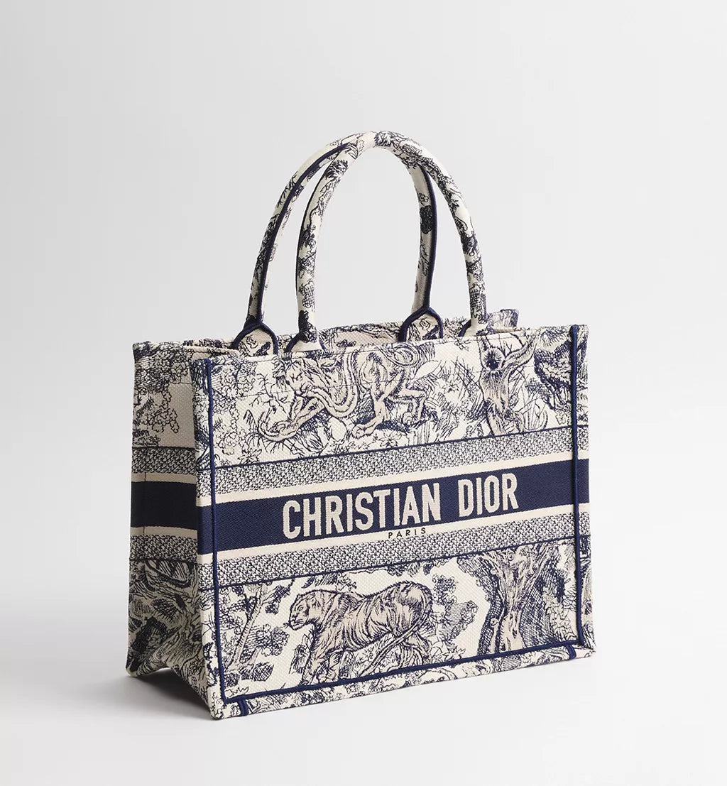 Medium Dior Book Tote Ecru and Blue Toile de Jouy Embroidery