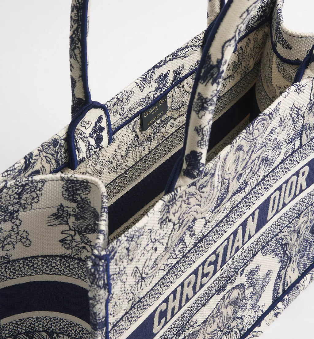 Medium Dior Book Tote Ecru and Blue Toile de Jouy Embroidery
