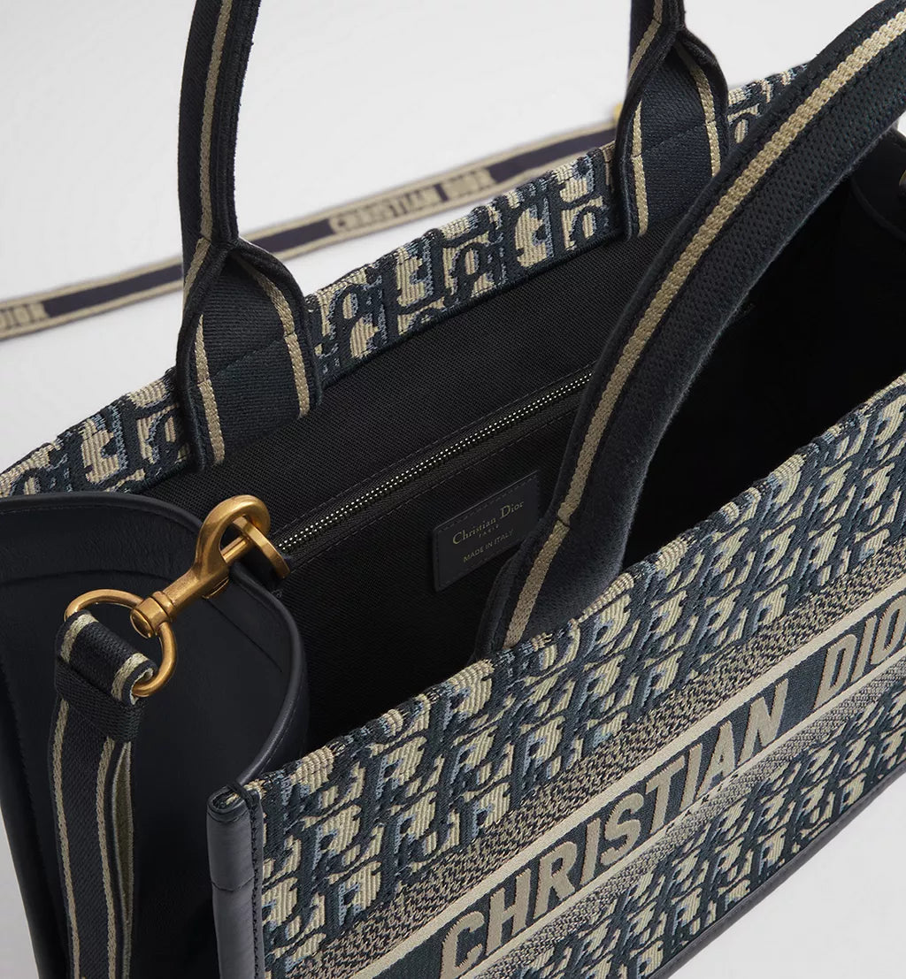 Medium Dior Book Tote Blue Dior Oblique Embroidery and Calfskin