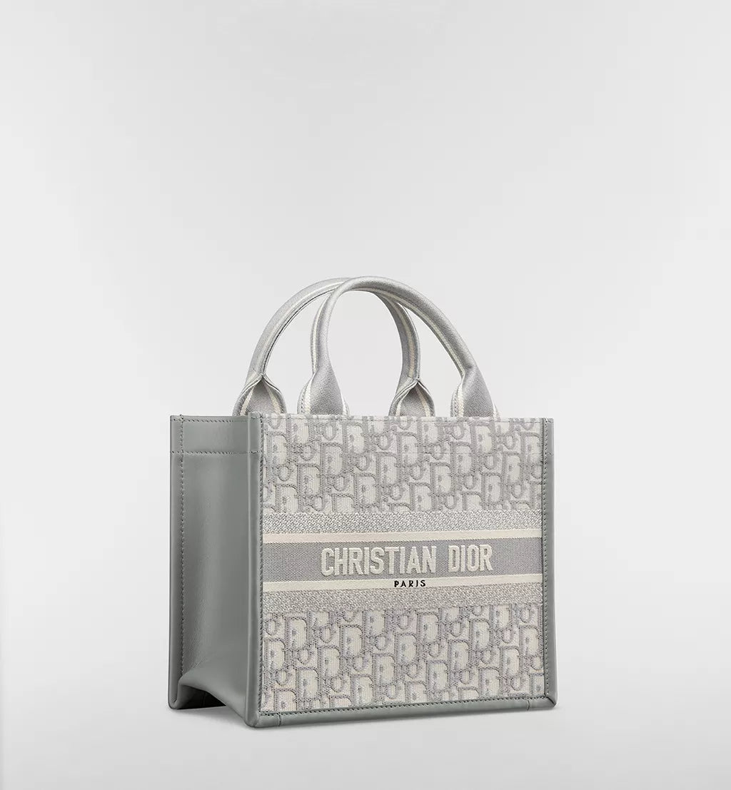 Small Dior Book Tote Gray Dior Oblique Embroidery and Calfskin