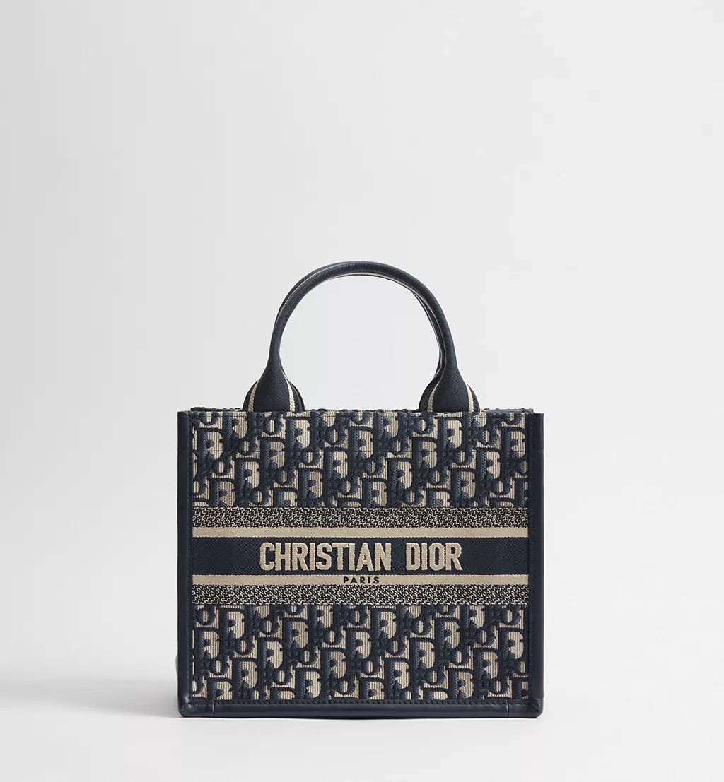 Small Dior Book Tote Blue Dior Oblique Embroidery and Calfskin