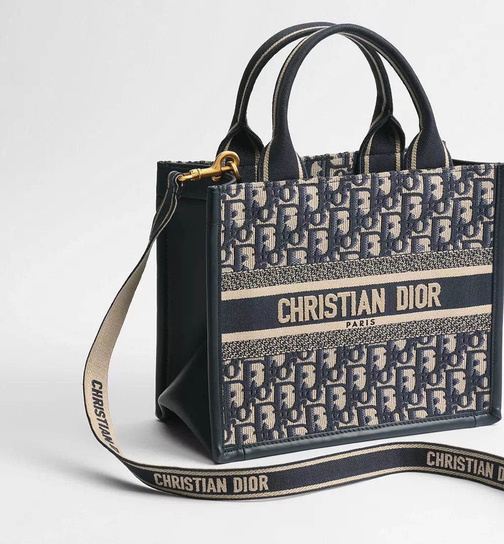 Small Dior Book Tote Blue Dior Oblique Embroidery and Calfskin