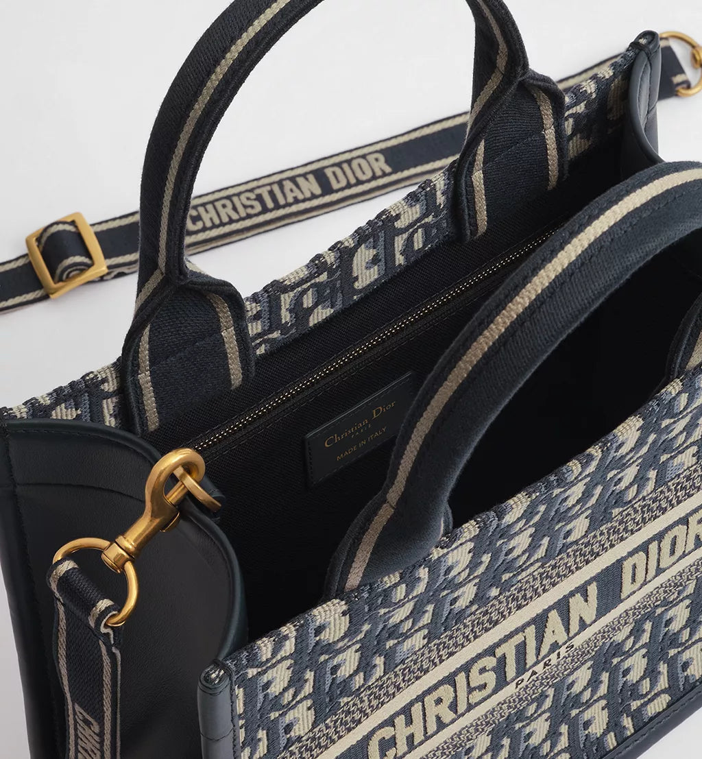 Small Dior Book Tote Blue Dior Oblique Embroidery and Calfskin