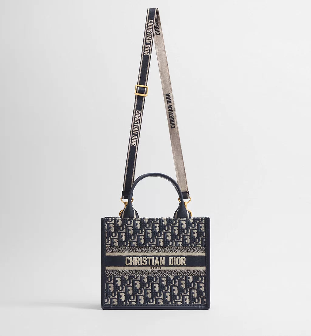 Small Dior Book Tote Blue Dior Oblique Embroidery and Calfskin