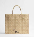 Large Dior Book Tote Natural Raffia-Effect Cannage Embroidery
