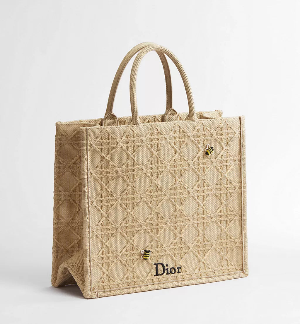 Large Dior Book Tote Natural Raffia-Effect Cannage Embroidery