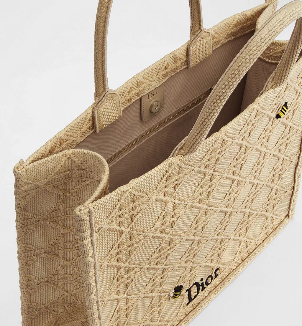 Large Dior Book Tote Natural Raffia-Effect Cannage Embroidery