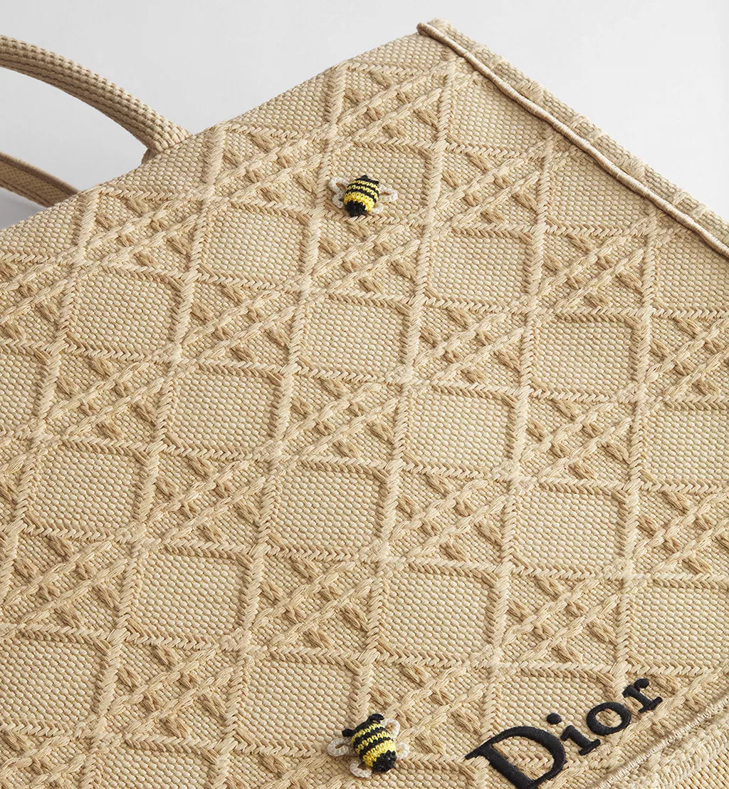 Large Dior Book Tote Natural Raffia-Effect Cannage Embroidery