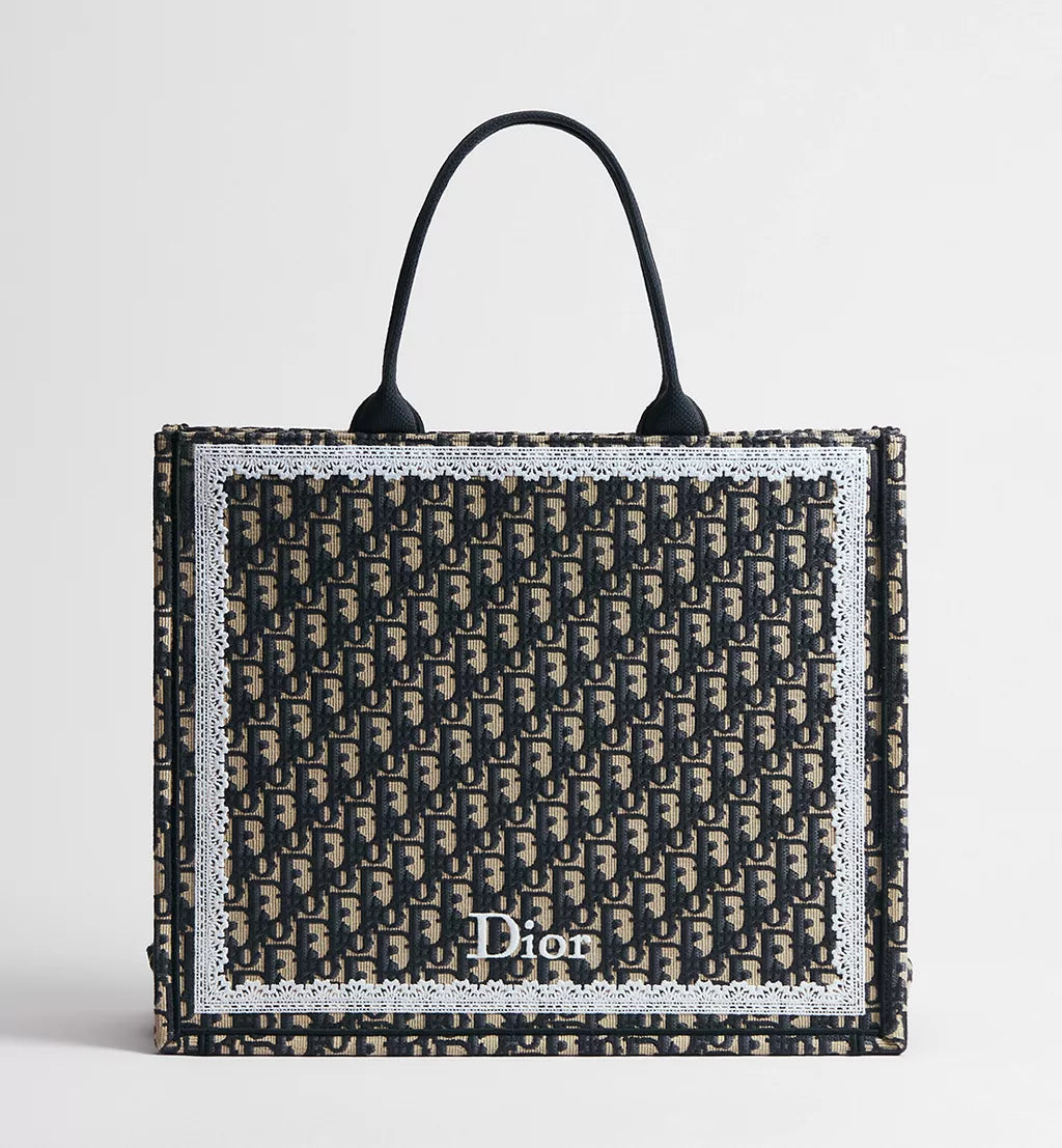 Large Dior Book Tote Blue Dior Oblique Embroidery and White Lace