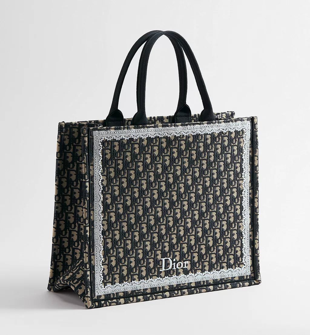 Large Dior Book Tote Blue Dior Oblique Embroidery and White Lace