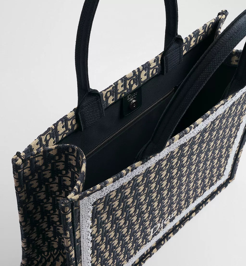 Large Dior Book Tote Blue Dior Oblique Embroidery and White Lace