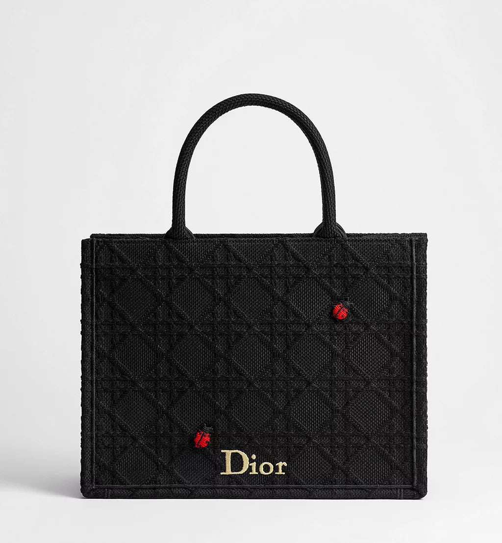 Medium Dior Book Tote with Strap Black Raffia-Effect Cannage Embroidery